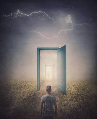 Teleportation doors concept. Rear view of a person standing in front of a doorway in the land, as seen in the mirror like a portal to another world. Magical and surreal scene with spooky lightnings clipart