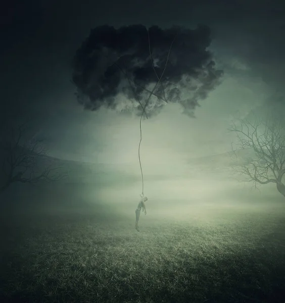 Conceptual Scene Man Lifted Manipulated Dark Cloud Symbol Pessimistic Thoughts — Stock Photo, Image