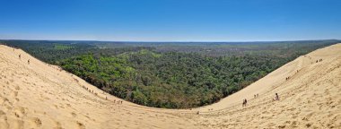 La Teste-de-Buch, Arcachon Körfezi, Fransa - 09 Mayıs 2024: Avrupa 'nın en uzun kum tepesi olan Pilat' ın engin kumulunun panoramik manzarası. Birden fazla turistle noktalanmış devasa altın kumsallar.