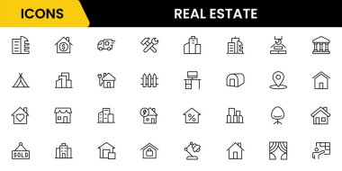 Emlak çizgisi simgeleri koleksiyonu. Büyük UI simgesi düz dizayn edildi. İnce taslak simgeler paketi. Vektör illüstrasyonu