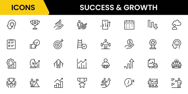 Başarı ve büyüme web simgeleri çevrimiçi stil. El sıkışma, büyüme karı, yenilik, satışın artması, koçluk, ilerleme, strateji, başarı, koleksiyon. Vektör illüstrasyonu.