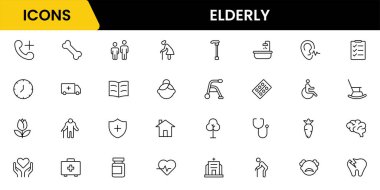 Yaşlı simgesi seti. Yaşlı bakımı, emekli maaşı, görme kaybı ve daha fazlası. çizgi simgesi tarzı. Old age element vektör illüstrasyonu