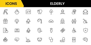 Yaşlı simgesi seti. Yaşlı bakımı, emekli maaşı, görme kaybı ve daha fazlası. çizgi simgesi tarzı. Old age element vektör illüstrasyonu