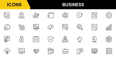 İş ve Finans web simgeleri aynı hizada. Para, banka, bağlantı, bilgi. Simge koleksiyonu. Vektör illüstrasyonu.