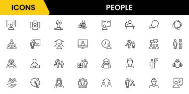 Düz bir şekilde insan simgesi oluşturuldu. Satır simgesi ayarlandı. Yönetim çizgisi simgeleri. Çizgi İş Adamları. İnsan kaynakları. Ofis yönetimi. Vektör illüstrasyonu.