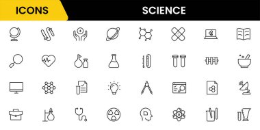 Bilim ve araştırma çizgisi simgeleri koleksiyonu. Büyük UI simgesi düz dizayn edildi. İnce taslak simgeler paketi. Vektör illüstrasyonu