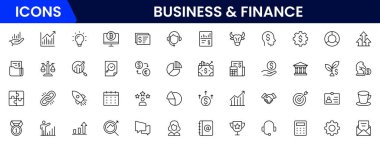 İş ve Finans sektörü simgeleri koleksiyonu. Büyük UI simgesi düz dizayn edildi. İnce taslak simgeler paketi. Vektör illüstrasyonu