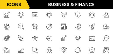 İş ve Finans sektörü simgeleri koleksiyonu. Büyük UI simgesi düz dizayn edildi. İnce taslak simgeler paketi. Vektör illüstrasyonu