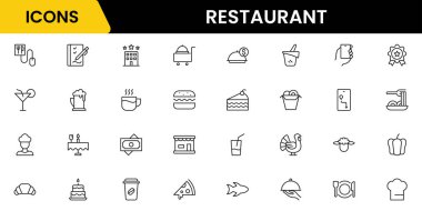 Restoran çizgisi simgeleri ayarlandı. Restoran, menü, yemek, içki, şef, masa, kafeterya, şarap, yemek ve yemek. Vektör illüstrasyonu