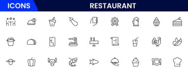 Restoran çizgisi simgeleri ayarlandı. Restoran, menü, yemek, içki, şef, masa, kafeterya, şarap, yemek ve yemek. Vektör illüstrasyonu