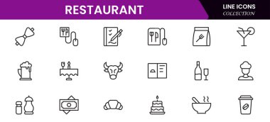 Restoran çizgisi simgeleri ayarlandı. Restoran, menü, yemek, içki, şef, masa, kafeterya, şarap, yemek ve yemek. Vektör illüstrasyonu