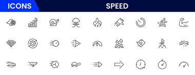 Hız ve performans simgesi ayarlandı. Hızlı, üretkenlik, gösterge, turbo, hız ve hız göstergesi simgeleri içeriyor. İnce çizgi simge koleksiyonu. Vektör illüstrasyonu.