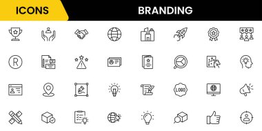 Marka simgesi seti. Pazarlama, ürün, marka değeri, tasarım, logo, marka geliştirme, sosyal medya, reklam ve sadık müşteri simgeleri içerir