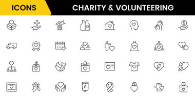 Gönüllü olmak ve hayır kurumlarının web simgeleri. Bağış, donör, doktor, bakım, yardım, destek, koleksiyon Vektörü illüstrasyonu.