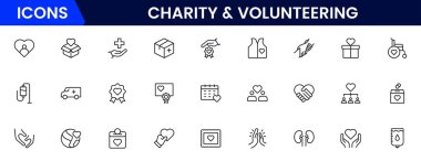 Gönüllü olmak ve hayır kurumlarının web simgeleri. Bağış, donör, doktor, bakım, yardım, destek, koleksiyon Vektörü illüstrasyonu.