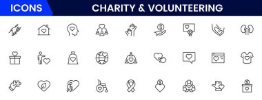 Gönüllü olmak ve hayır kurumlarının web simgeleri. Bağış, donör, doktor, bakım, yardım, destek, koleksiyon Vektörü illüstrasyonu.