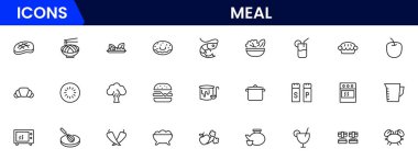 Yemek ikonu koleksiyonu. İçinde yemek, restoran, yemek ve meyve ikonu var. Vektör illüstrasyonu