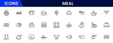 Yemek ikonu koleksiyonu. İçinde yemek, restoran, yemek ve meyve ikonu var. Vektör illüstrasyonu