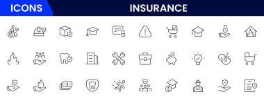 Sigorta ve sigorta ikonu ayarlandı. Sağlık sigortası, yaşam, araba, ev, seyahat sigortası ikonları.