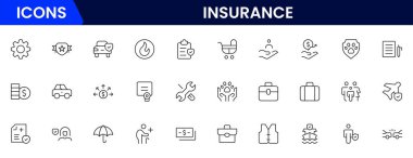 Sigorta ve sigorta ikonu ayarlandı. Sağlık sigortası, yaşam, araba, ev, seyahat sigortası ikonları.