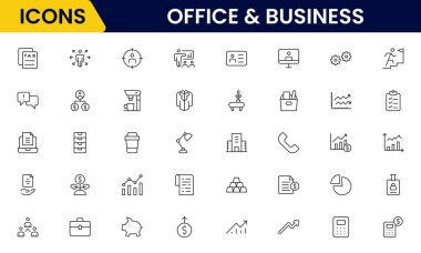 Ofis ve İş Hattı ikonları koleksiyonu. Büyük UI simgesi düz dizayn edildi. İnce taslak simgeler paketi. Vektör illüstrasyonu