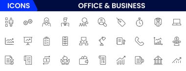 Ofis ve İş Hattı ikonları koleksiyonu. Büyük UI simgesi düz dizayn edildi. İnce taslak simgeler paketi. Vektör illüstrasyonu