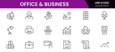 Ofis ve İş Hattı ikonları koleksiyonu. Büyük UI simgesi düz dizayn edildi. İnce taslak simgeler paketi. Vektör illüstrasyonu