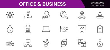 Ofis ve İş Hattı ikonları koleksiyonu. Büyük UI simgesi düz dizayn edildi. İnce taslak simgeler paketi. Vektör illüstrasyonu