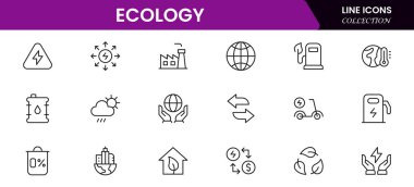 Ekoloji ikonu hazır. Çevre, sürdürülebilirlik, doğa, geri dönüşüm, yenilenebilir enerji, elektrikli bisiklet, çevre dostu, orman, rüzgar enerjisi, yeşil sembol vektör koleksiyonu.
