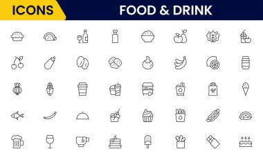 Yemek ve içecek web simgeleri aynı hizada. Yemek, restoran, yemek, meyve, fast food, burger, pizza, kahve, sandviç, koleksiyon. Vektör illüstrasyonu.