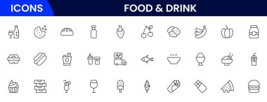 Yemek ve içecek web simgeleri aynı hizada. Yemek, restoran, yemek, meyve, fast food, burger, pizza, kahve, sandviç, koleksiyon. Vektör illüstrasyonu.