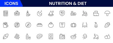 Beslenme ve Diyet, Sağlıklı Yemek ve Detox Diyet Vektörü Simgeleri. Metabolizma, Caunt Calories, Palm yağı içermeyen, trans yağ, probiyotik gibi ikonlar içerir. Basit Taslak simgeleri koleksiyonu.