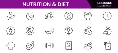 Beslenme ve Diyet, Sağlıklı Yemek ve Detox Diyet Vektörü Simgeleri. Metabolizma, Caunt Calories, Palm yağı içermeyen, trans yağ, probiyotik gibi ikonlar içerir. Basit Taslak simgeleri koleksiyonu.