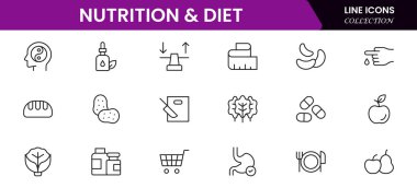 Beslenme ve Diyet, Sağlıklı Yemek ve Detox Diyet Vektörü Simgeleri. Metabolizma, Caunt Calories, Palm yağı içermeyen, trans yağ, probiyotik gibi ikonlar içerir. Basit Taslak simgeleri koleksiyonu.