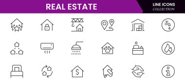 Emlak çizgisi simgeleri koleksiyonu. Büyük UI simgesi düz dizayn edildi. İnce taslak simgeler paketi. Vektör illüstrasyonu