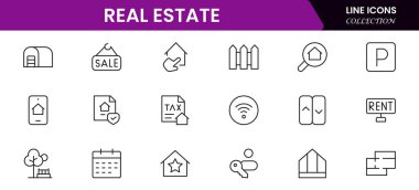 Emlak çizgisi simgeleri koleksiyonu. Büyük UI simgesi düz dizayn edildi. İnce taslak simgeler paketi. Vektör illüstrasyonu