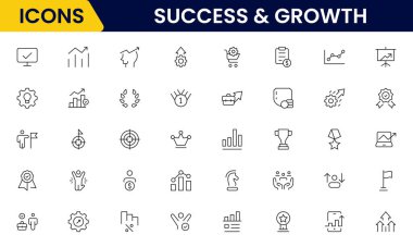 Başarı ve büyüme web simgeleri çevrimiçi stil. El sıkışma, büyüme karı, yenilik, satışın artması, koçluk, ilerleme, strateji, başarı, koleksiyon. Vektör illüstrasyonu.