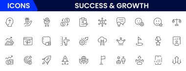 Başarı ve büyüme web simgeleri çevrimiçi stil. El sıkışma, büyüme karı, yenilik, satışın artması, koçluk, ilerleme, strateji, başarı, koleksiyon. Vektör illüstrasyonu.