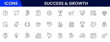 Başarı ve büyüme web simgeleri çevrimiçi stil. El sıkışma, büyüme karı, yenilik, satışın artması, koçluk, ilerleme, strateji, başarı, koleksiyon. Vektör illüstrasyonu.