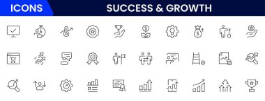 Başarı ve büyüme web simgeleri çevrimiçi stil. El sıkışma, büyüme karı, yenilik, satışın artması, koçluk, ilerleme, strateji, başarı, koleksiyon. Vektör illüstrasyonu.