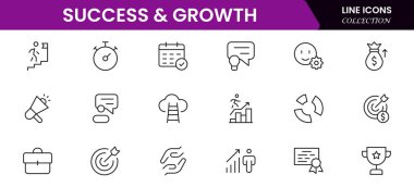 Başarı ve büyüme web simgeleri çevrimiçi stil. El sıkışma, büyüme karı, yenilik, satışın artması, koçluk, ilerleme, strateji, başarı, koleksiyon. Vektör illüstrasyonu.