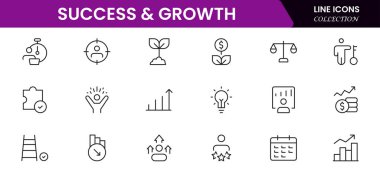 Başarı ve büyüme web simgeleri çevrimiçi stil. El sıkışma, büyüme karı, yenilik, satışın artması, koçluk, ilerleme, strateji, başarı, koleksiyon. Vektör illüstrasyonu.