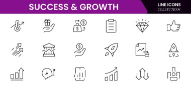 Başarı ve büyüme web simgeleri çevrimiçi stil. El sıkışma, büyüme karı, yenilik, satışın artması, koçluk, ilerleme, strateji, başarı, koleksiyon. Vektör illüstrasyonu.