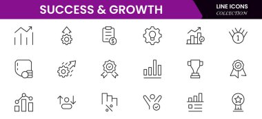 Başarı ve büyüme web simgeleri çevrimiçi stil. El sıkışma, büyüme karı, yenilik, satışın artması, koçluk, ilerleme, strateji, başarı, koleksiyon. Vektör illüstrasyonu.