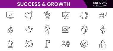 Başarı ve büyüme web simgeleri çevrimiçi stil. El sıkışma, büyüme karı, yenilik, satışın artması, koçluk, ilerleme, strateji, başarı, koleksiyon. Vektör illüstrasyonu.