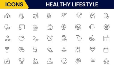 Sağlıklı yaşam ikonu seti. Diyet, egzersiz, uyku, koşu, rutin, spor, beslenme, kardiyo egzersizleri, spor malzemeleri, yoga, öz bakım, kültür ve hobiler için ikonlar içerir.