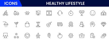 Sağlıklı yaşam ikonu seti. Diyet, egzersiz, uyku, koşu, rutin, spor, beslenme, kardiyo egzersizleri, spor malzemeleri, yoga, öz bakım, kültür ve hobiler için ikonlar içerir.
