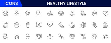 Sağlıklı yaşam ikonu seti. Diyet, egzersiz, uyku, koşu, rutin, spor, beslenme, kardiyo egzersizleri, spor malzemeleri, yoga, öz bakım, kültür ve hobiler için ikonlar içerir.