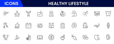 Sağlıklı yaşam ikonu seti. Diyet, egzersiz, uyku, koşu, rutin, spor, beslenme, kardiyo egzersizleri, spor malzemeleri, yoga, öz bakım, kültür ve hobiler için ikonlar içerir.