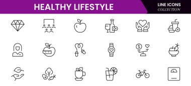 Sağlıklı yaşam ikonu seti. Diyet, egzersiz, uyku, koşu, rutin, spor, beslenme, kardiyo egzersizleri, spor malzemeleri, yoga, öz bakım, kültür ve hobiler için ikonlar içerir.